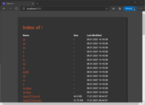 Directory listing served by the GenHTTP server