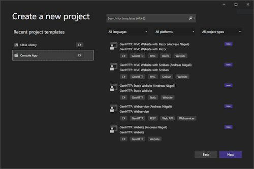 GenHTTP template projects in Visual Studio